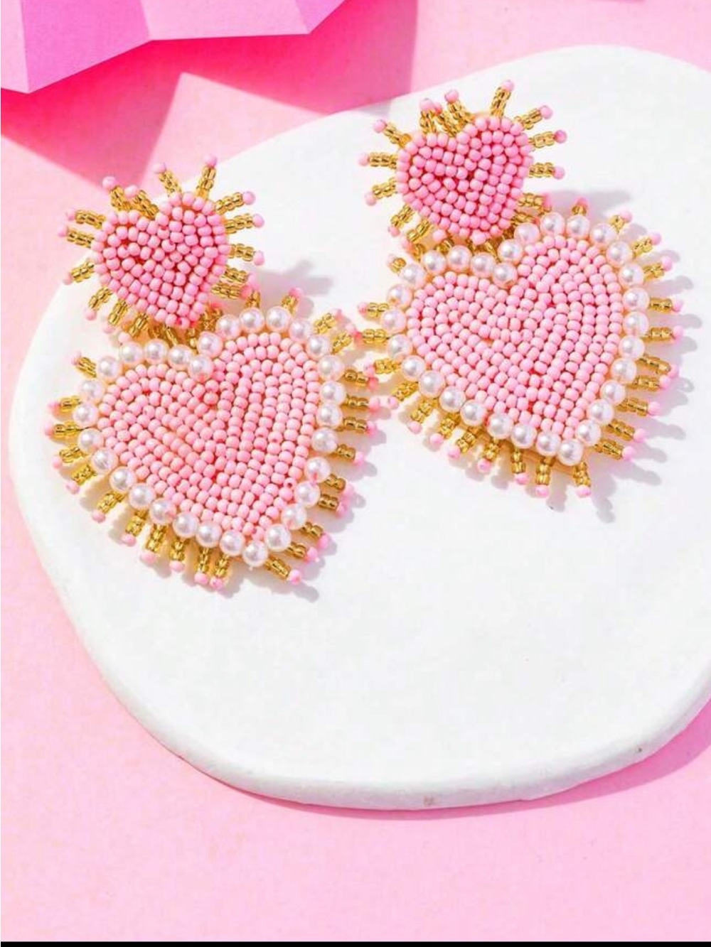 Pink Beaded Heart Drop Earrings - Fashion Jewelry